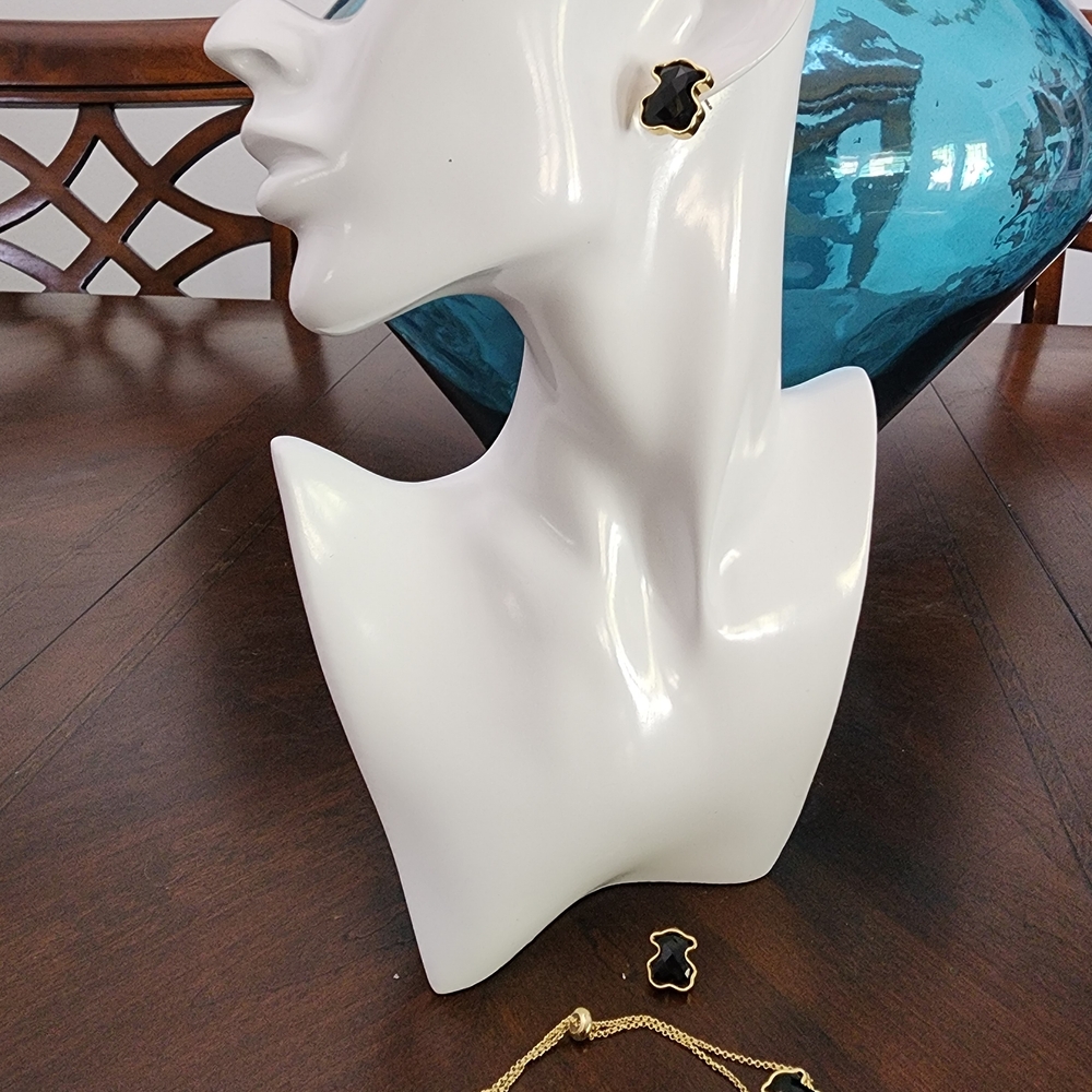 Gold Tone Black Bear Bracelet and Stud Earring Set